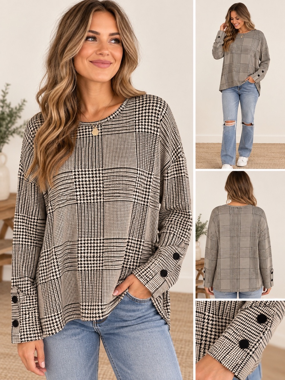 Zara Women’s M Black Cream Glen Plaid Houndstooth Button Cuff Top